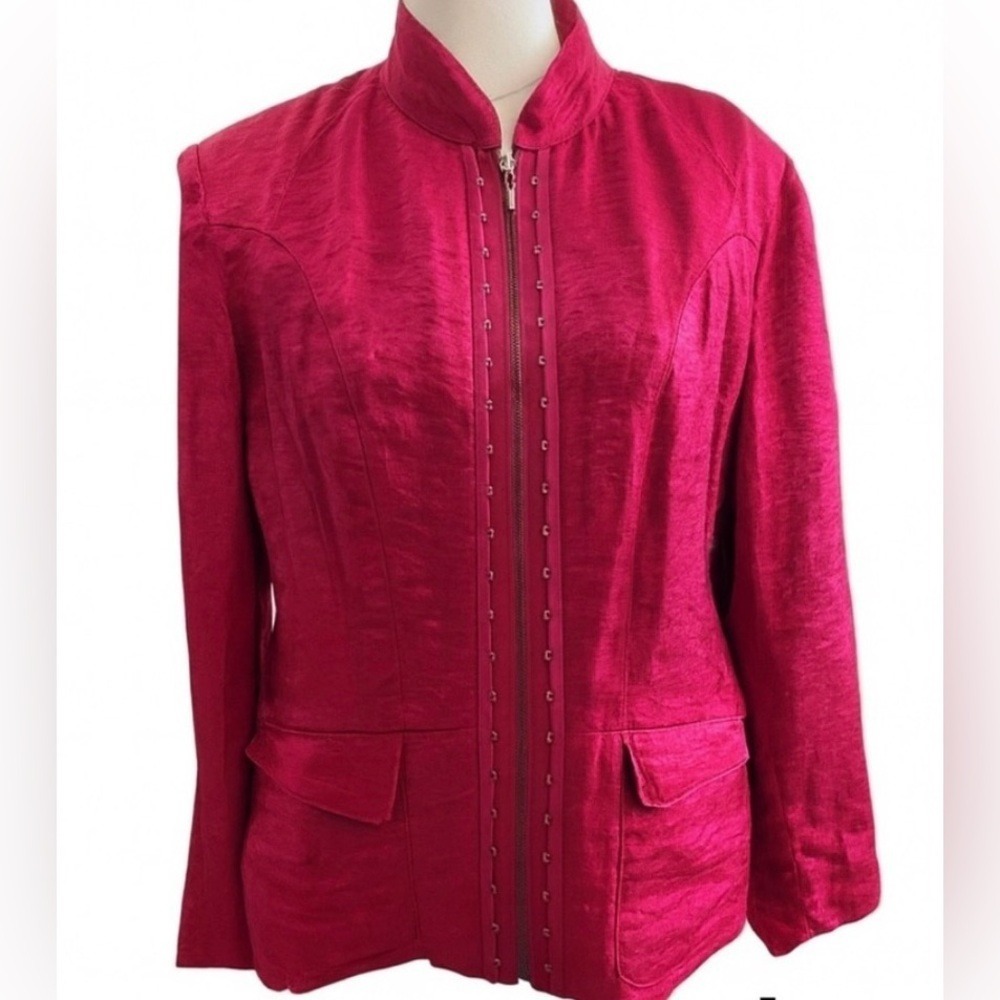 Chico's Neva Crimson Linen Blend Blazer Size 2 Large Holiday Mandarin Collar
